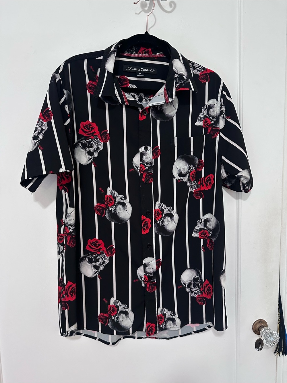 Just Attitude black/white stripe oversize button down shirt w/ skulls & roses -L